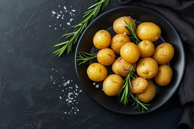 Batatas cozidas com alecrim e sal marinho num prato preto gerado pela IA