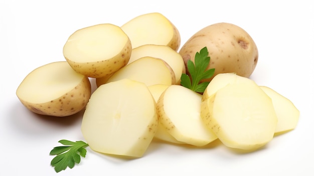 Batatas cruas com fatias Batatas jovens isoladas em fundo branco Colheita nova AI Generative