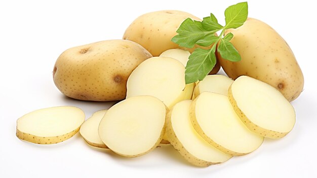 Batatas cruas com fatias Batatas jovens isoladas em fundo branco Colheita nova AI Generative