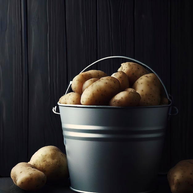 Batatas de vista lateral no balde cinza no fundo escuro de madeira horizontal
