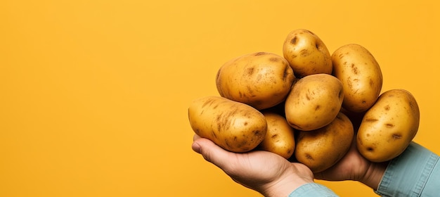 Batatas em fundo amarelo com espaço para texto Um punhado feminino de batatas novas