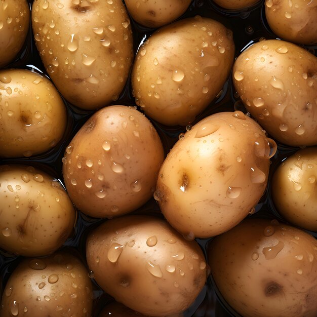 Foto batatas frescas com fundo sem costura adornado com gotas de água brilhantes