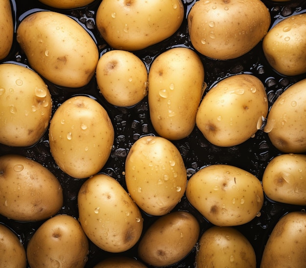 Batatas frescas com gotas de água