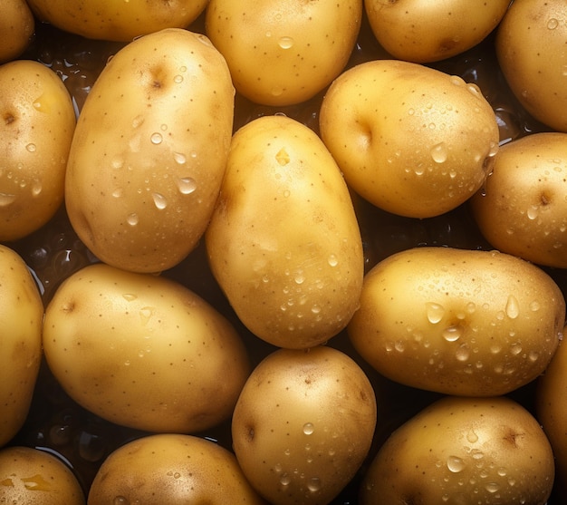 Batatas frescas com gotas de água