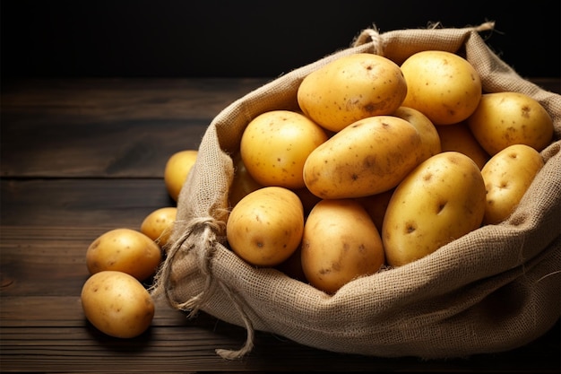 Batatas frescas cruas em um saco resistido em pano de fundo de madeira rústica