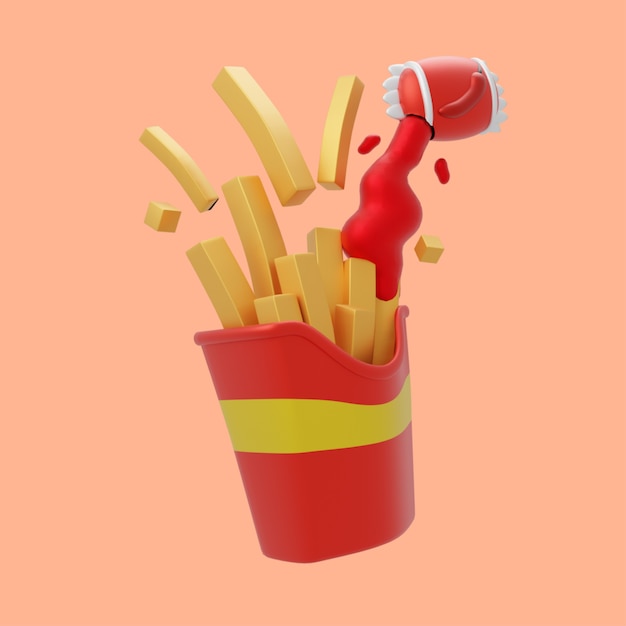 Batatas fritas 3d com ilustração do ícone dos desenhos animados de molho de pimentão. conceito de ícone de objeto de comida 3d design premium isolado. estilo flat cartoon