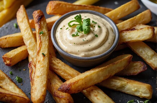 Batatas fritas com aioli de alho picante