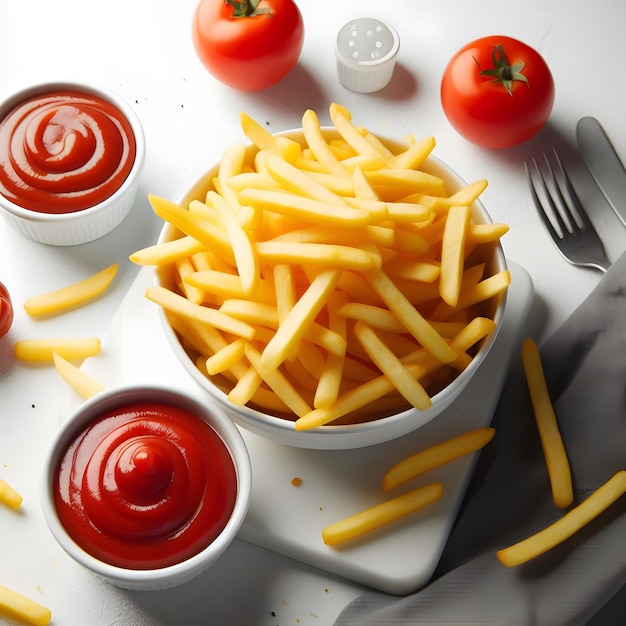 Foto batatas fritas com ketchup de tomate