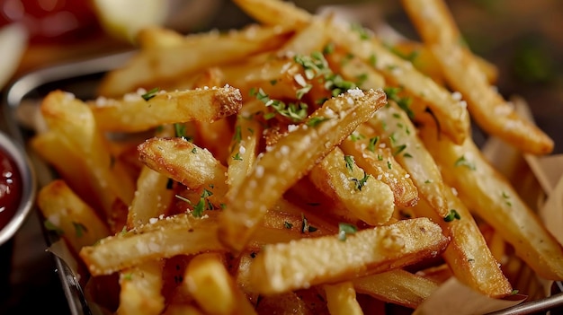 Foto batatas fritas com ketchup e ervas