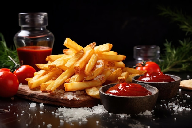 Batatas fritas com ketchup em fundo de madeira