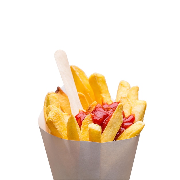 Batatas fritas com ketchup em um saco