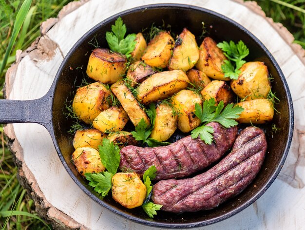 Batatas fritas com linguiça de carne em uma frigideira de ferro fundido