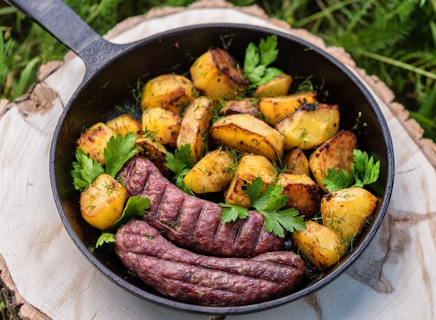 Batatas fritas com linguiça de carne em uma frigideira de ferro fundido