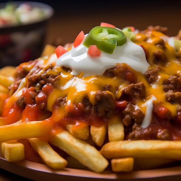 batatas fritas com queijo chili em um restaurante americano fotografia