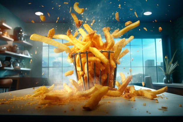 Batatas fritas com sal explodem voando no ar Conceito de fotografia de comida