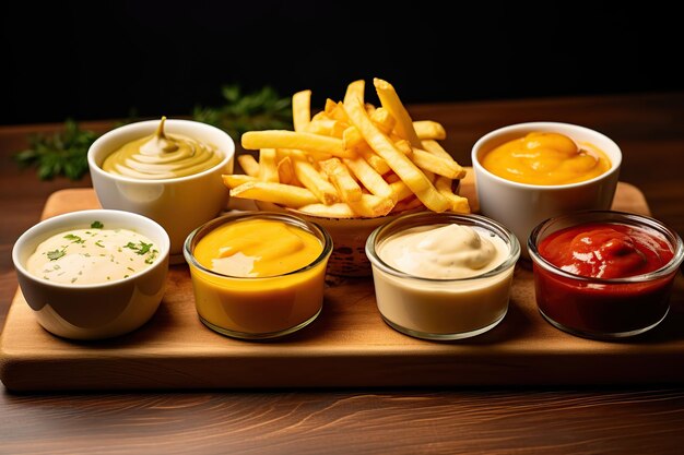 Batatas fritas com vários molhos em fundo de madeira