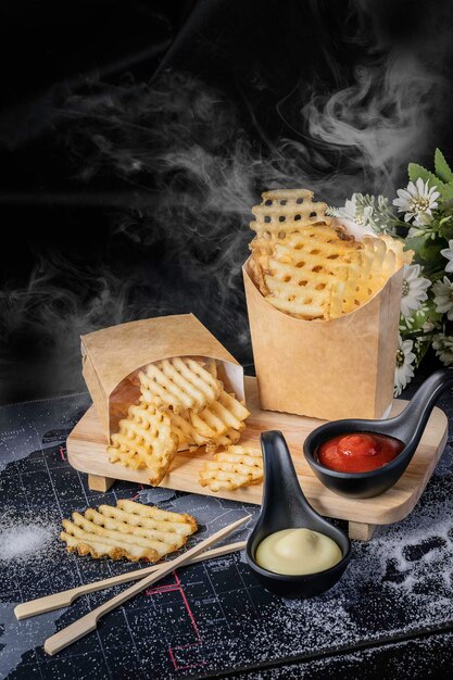Batatas fritas com waffle, batata frita amarela dourada, fundo defumado, preto