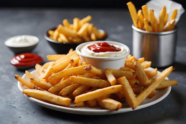 Batatas fritas crocantes com ketchup e maionese