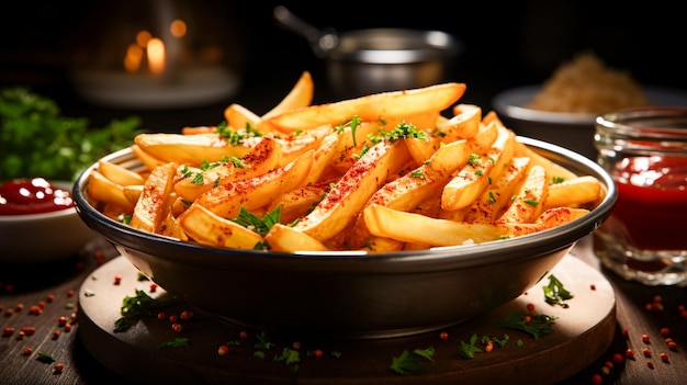 Batatas fritas crocantes com ketchup e molho na tigela