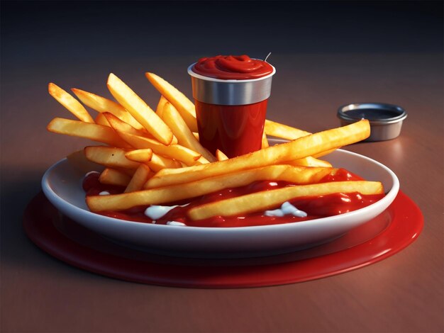 Batatas fritas crocantes com ketchup e molho