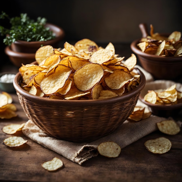 Batatas fritas crocantes em uma tigela de vime