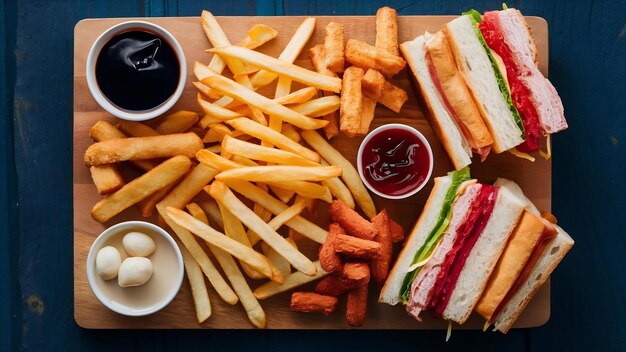 Batatas fritas crocantes, lanches, pauzinhos e sanduíches com ketchup numa tábua de madeira.