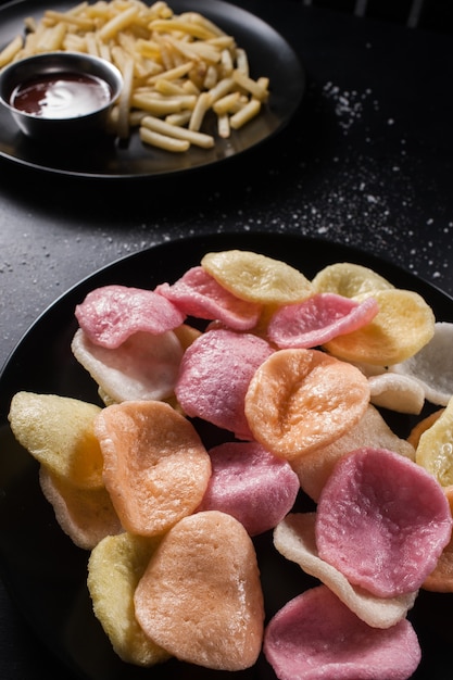 Foto batatas fritas de cereais café da manhã rápido fast food conceito insalubre