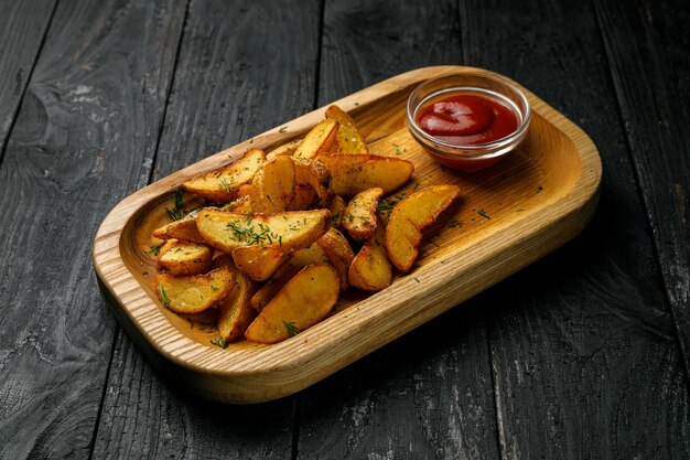 Batatas fritas de cozinha europeia em uma mesa de madeira