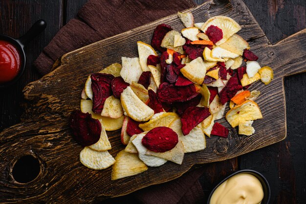 Batatas fritas de legumes secos na mesa de madeira preta vista superior plana lay