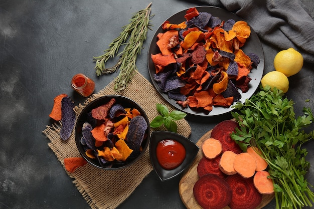 Batatas fritas de vegetais assados no prato