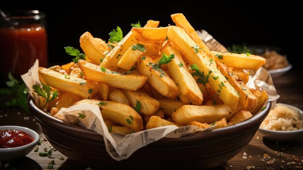 Foto batatas fritas deliciosas com sal e especiarias tema de fast food