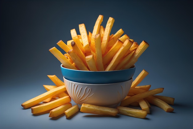 Batatas fritas douradas em uma tigela em um fundo azul escuro