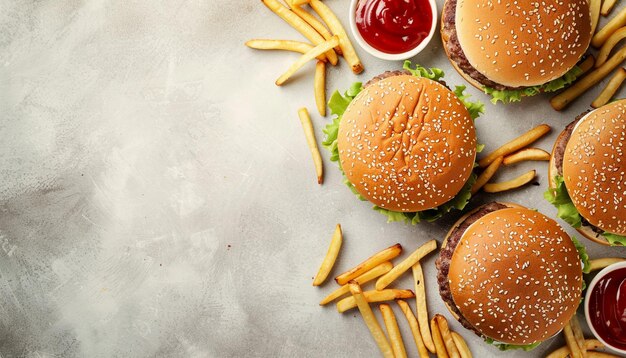 Foto batatas fritas e hambúrgueres de fast food fundo vista de cima