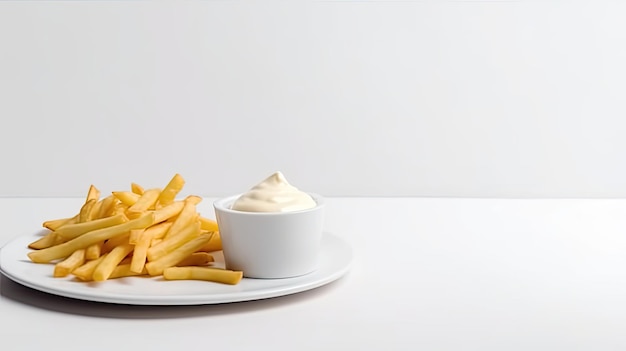 Batatas fritas e molho branco na mesa