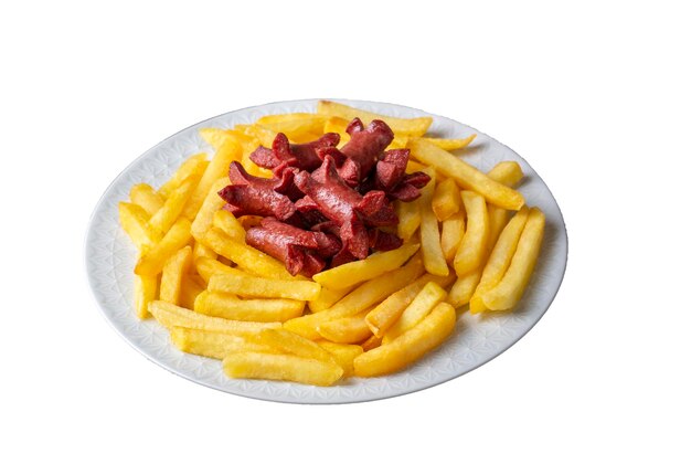 Foto batatas fritas e salsichas fritas prato nome turco patates ve sosis kizartmasi