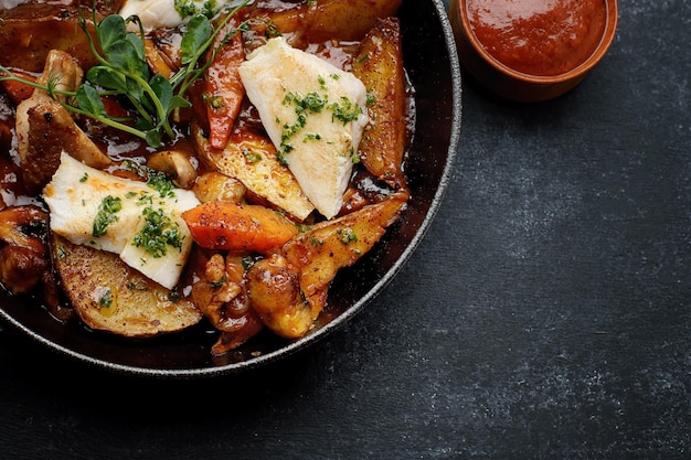 Batatas fritas em molho com cogumelos legumes frango e queijo em uma panela