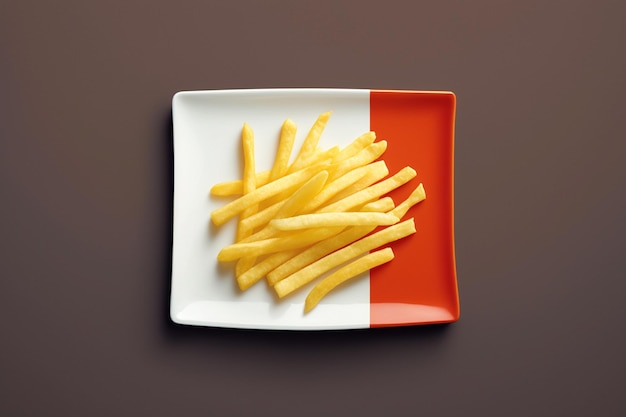 Batatas fritas em um prato com uma faixa vermelha e branca.