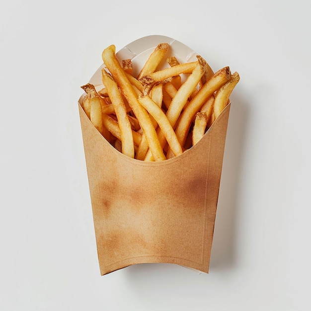 Batatas fritas em uma caixa de cartão branca isolada em fundo branco