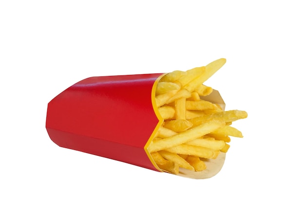 Batatas fritas em uma caixa de papelão vermelha isolada em comida branca