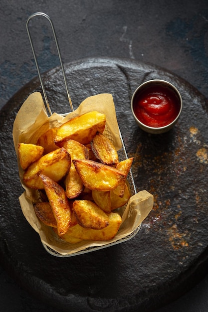 Foto batatas fritas em uma cesta com ketchup em um fundo escuro close-up