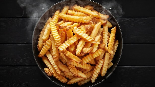 Foto batatas fritas em uma panela com fundo de madeira preta