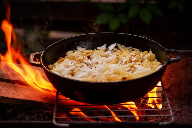 Batatas fritas em uma panela no fogo com cebola. Comida deliciosa na natureza.