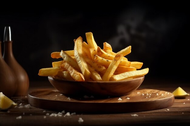 batatas fritas em uma placa de madeira fundo escurocloseup