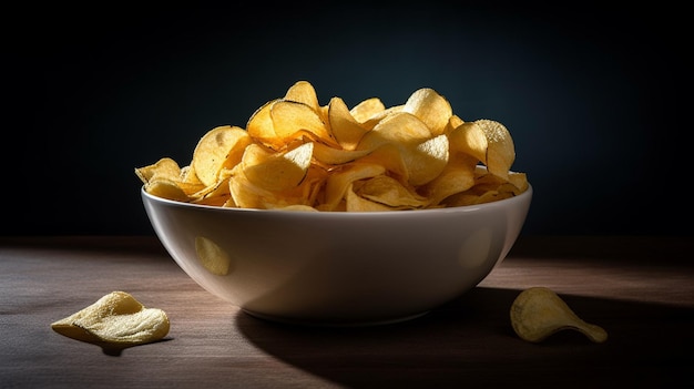 Batatas fritas em uma tigela na mesa de madeira com fundo escuro generative ai