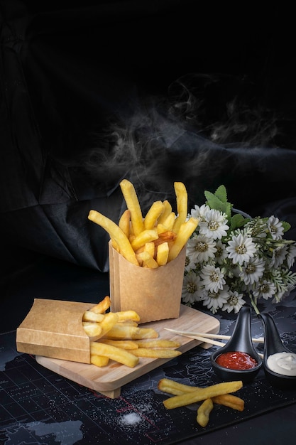 Batatas fritas fritas amarelas em um fundo preto com fumaça