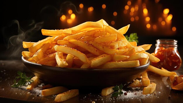 batatas fritas na mesa de madeira em fundo preto com luz cinematográfica