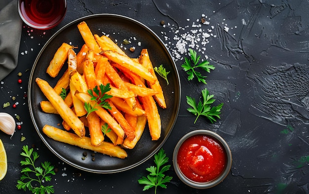 Batatas fritas num prato preto com ketchup e salsa