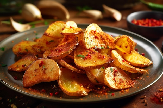 Batatas fritas picantes crocantes e saborosas em um prato AI