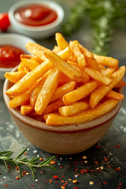 Batatas fritas saborosas e ketchup comida deliciosa