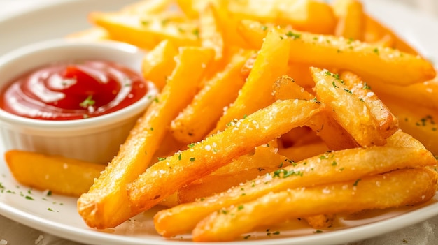 Batatas fritas saborosas e ketchup comida deliciosa